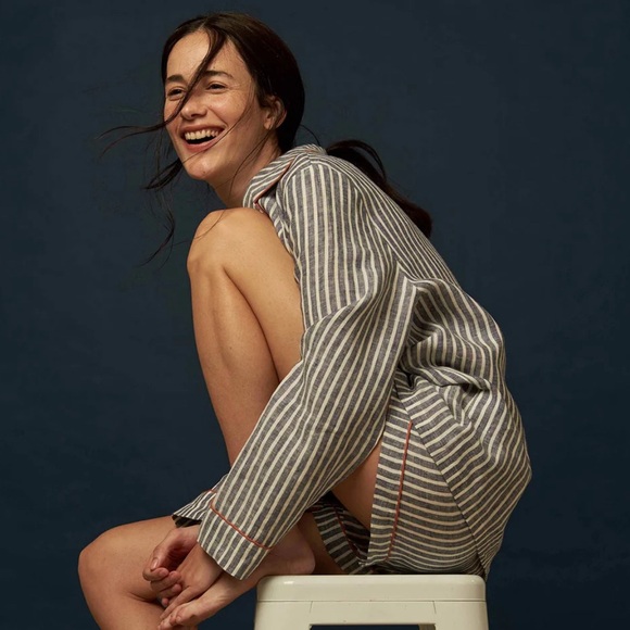 Piglet in Bed Midnight Stripe Linen Pajama Set - Picture 2 of 6